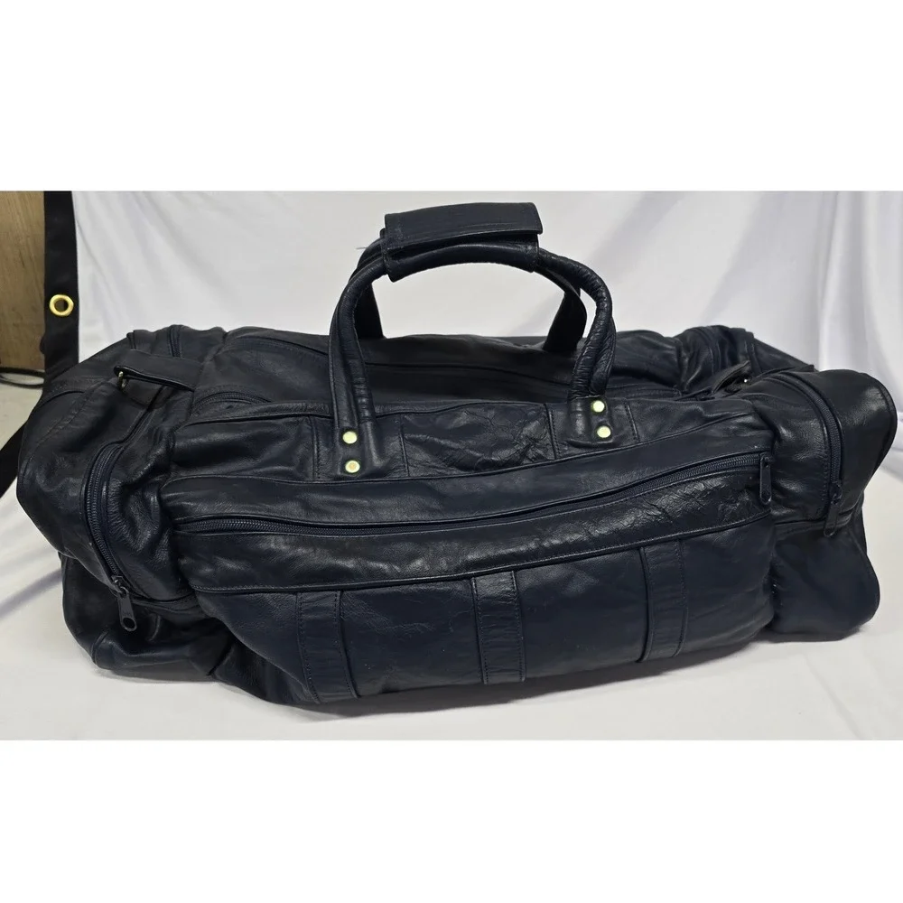 Harley Davidson Navy Blue Leather Duffle Bag Embroidered WingLogo Travel Luggage